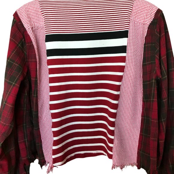 Upcycled Mixed Print Oversized Shirt, M-L: Red Gingham & Plaid Flannel Sleeves - Picture 12 of 14